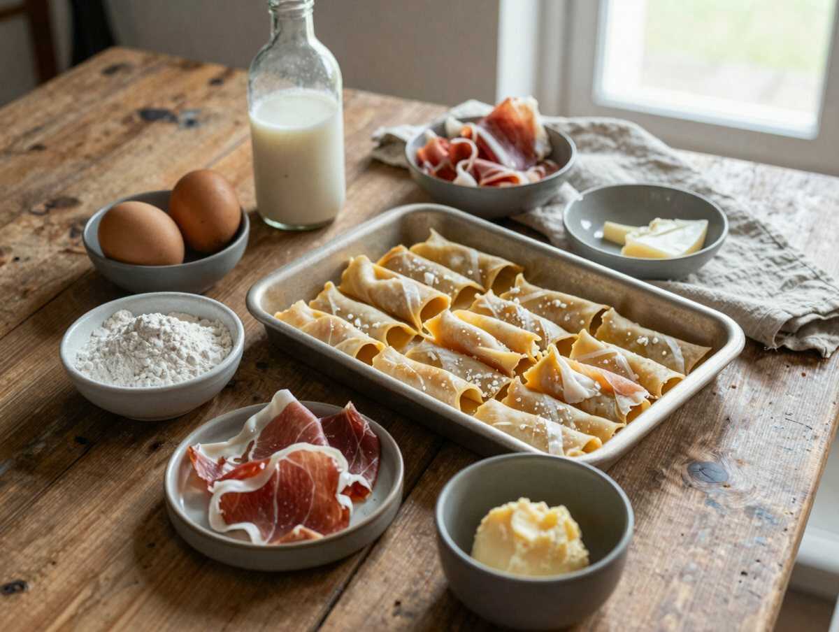 Gli ingredienti per Crespelle arrotolate con prosciutto e fontina in teglia: 50 rotolini senza ore in padella