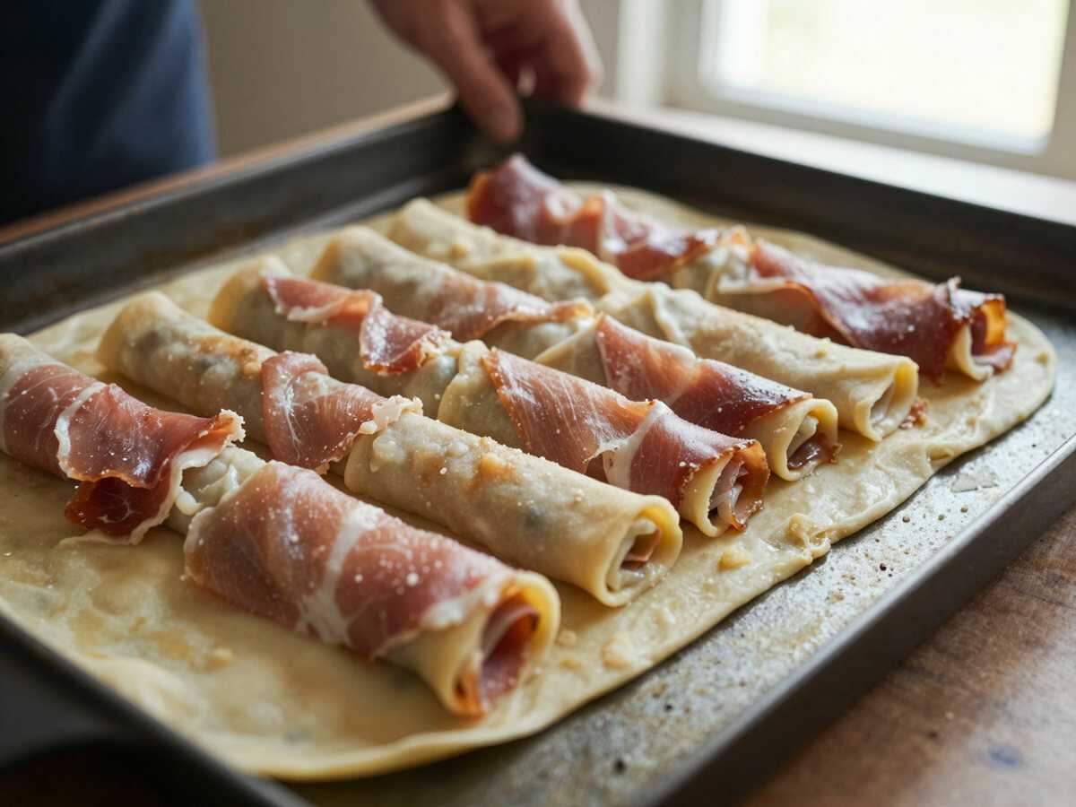 Farcisci e arrotola — Crespelle arrotolate con prosciutto e fontina in teglia: 50 rotolini senza ore in padella