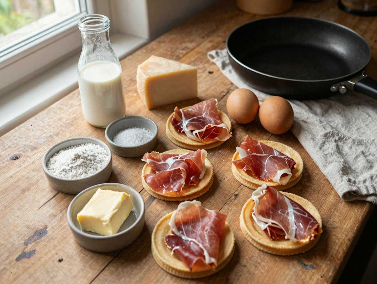 Gli ingredienti per Crespelle arrotolate con prosciutto e fontina gratinate al forno, il primo piatto della domenica