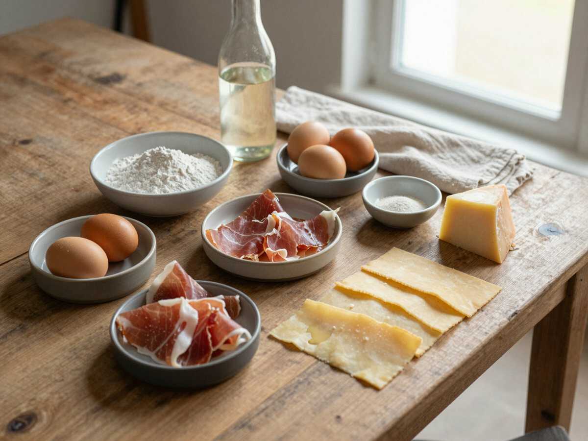 Gli ingredienti per Crespelle arrotolate con prosciutto e fontina: la scaletta dei 40 minuti prima che arrivino gli ospiti