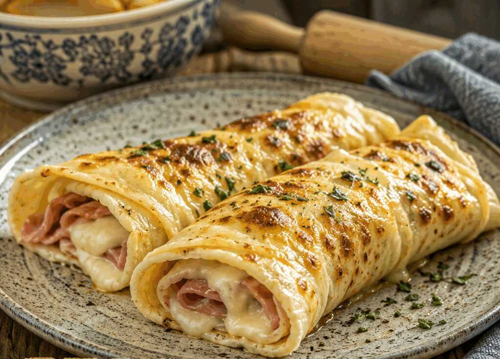 Crespelle arrotolate con prosciutto e fontina gratinate al forno, il primo piatto della domenica