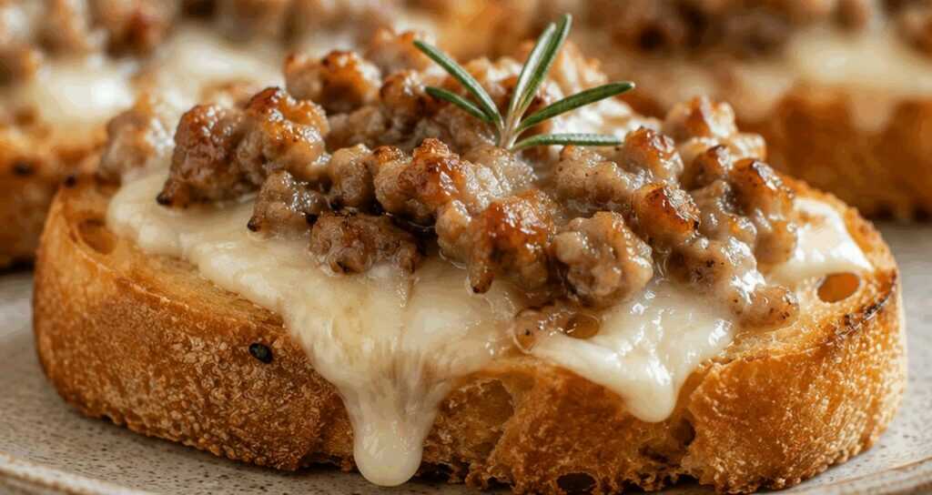 Crostini caldi con salsiccia, stracchino e rosmarino