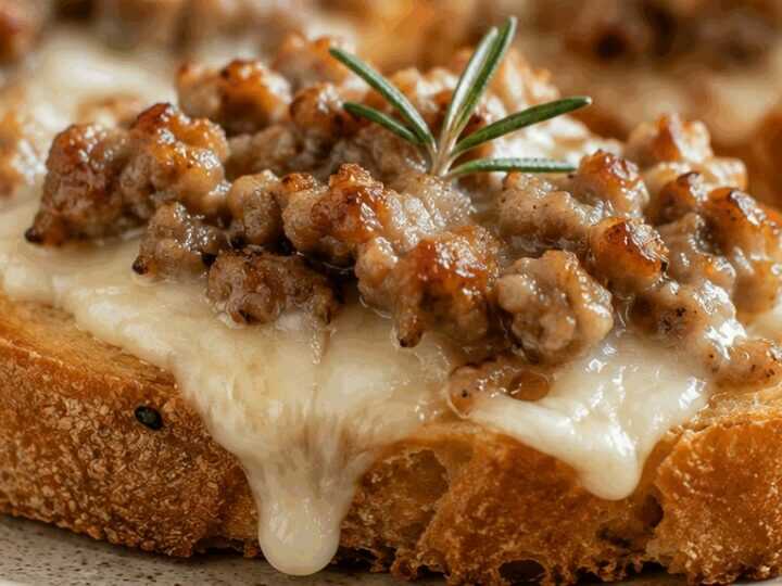 Crostini caldi con salsiccia, stracchino e rosmarino