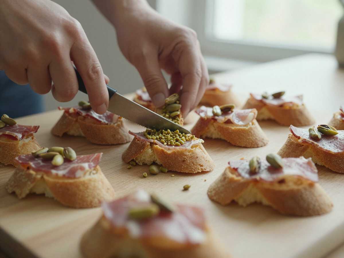 Tritare i pistacchi — Crostini con mousse di mortadella e pistacchi in quindici minuti: la scaletta per l’ospite a sorpresa