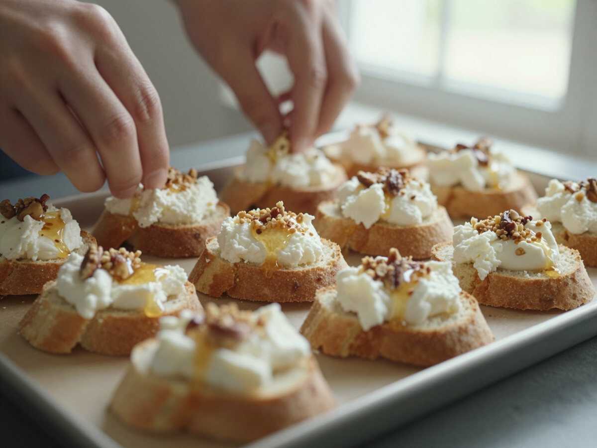4. Assemblare i crostini — Crostini con Ricotta, Miele e Noci per il Buffet: la Ricetta da 12 Pezzi Pronta in 18 Minuti