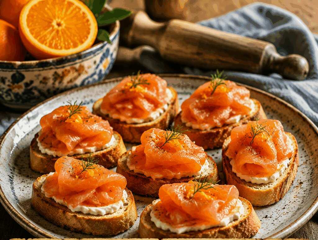 Crostini con salmone marinato agli agrumi per un buffet salato che sembra di catering