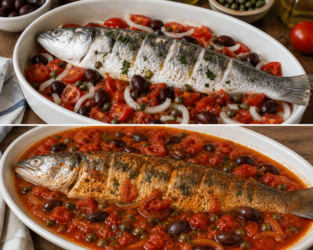 Cefalo alla Livornese con Pomodoro e Olive – Toscana