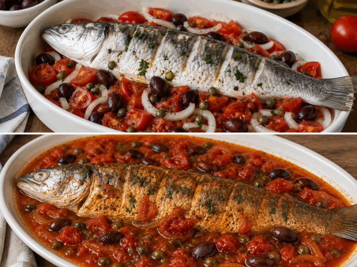 Cefalo alla Livornese con Pomodoro e Olive – Toscana