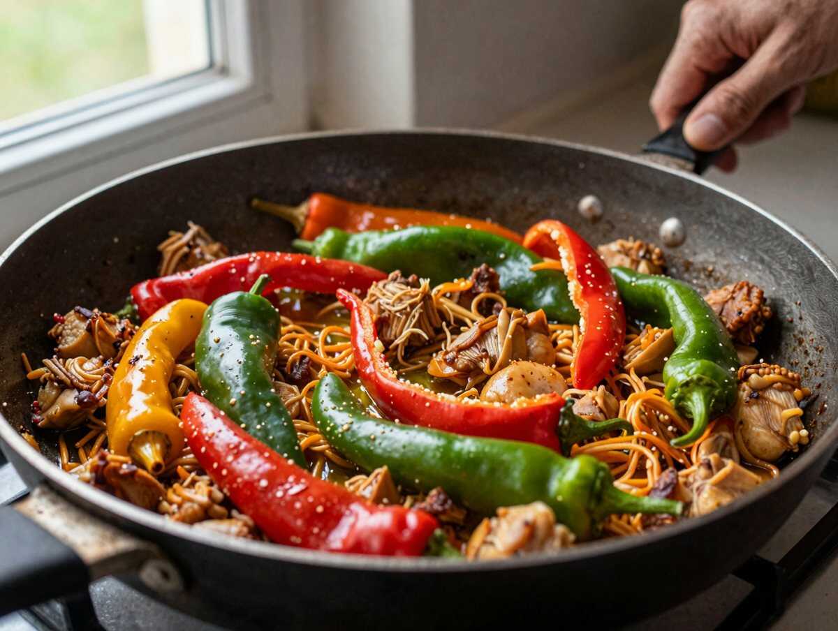 Cuocere peperoni e cipolla — Fajitas di Pollo con Peperoni Colorati