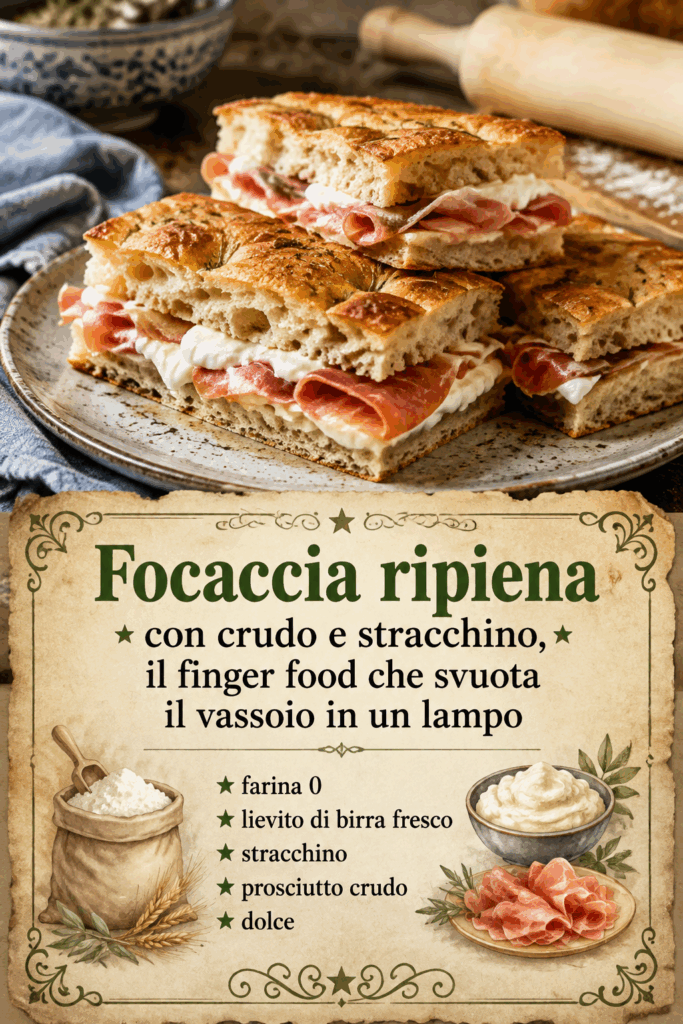 Focaccia ripiena con crudo e stracchino, il finger food che svuota il vassoio in un lampo