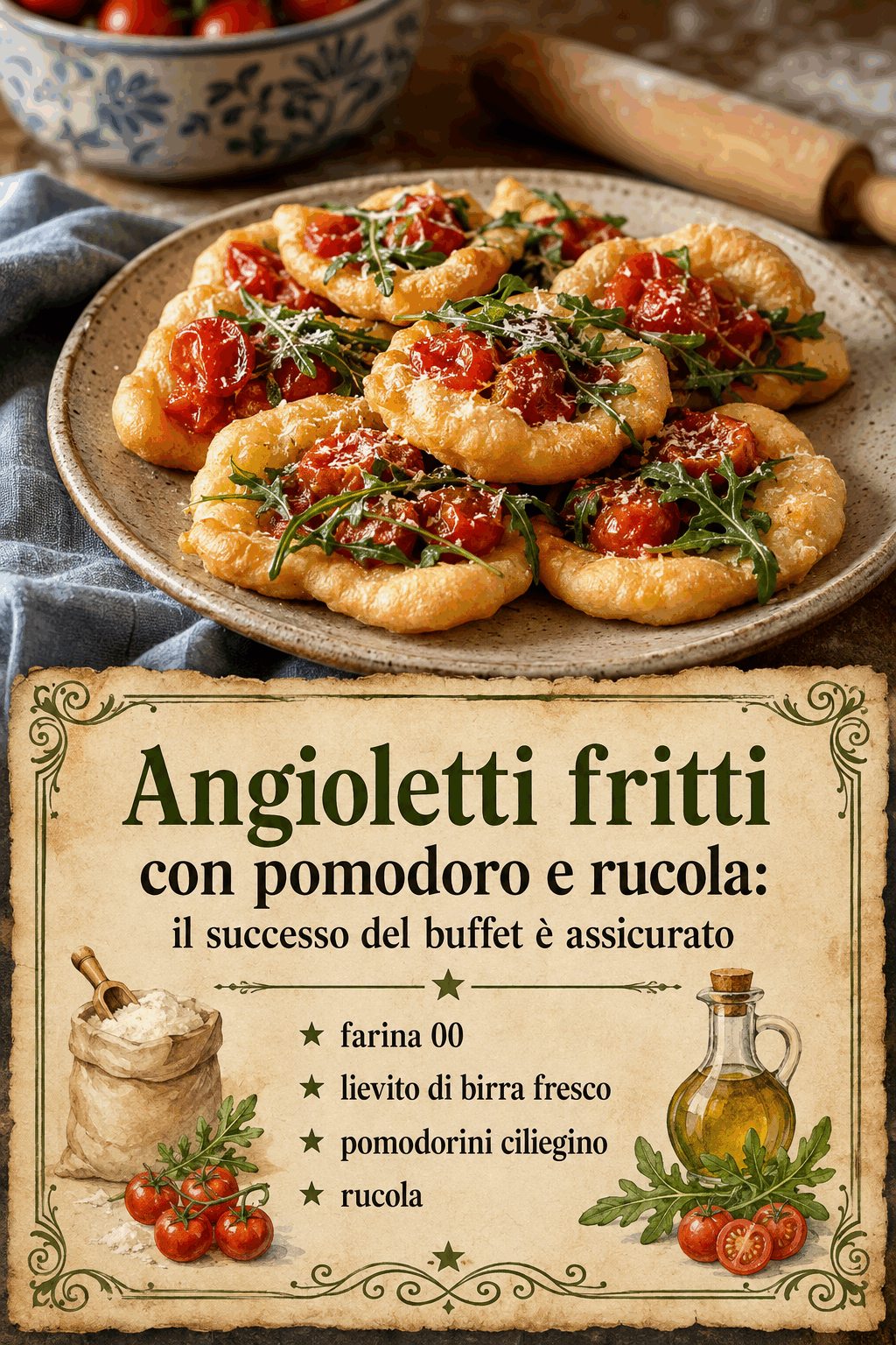 Angioletti fritti con pomodoro e rucola: il successo del buffet è assicurato