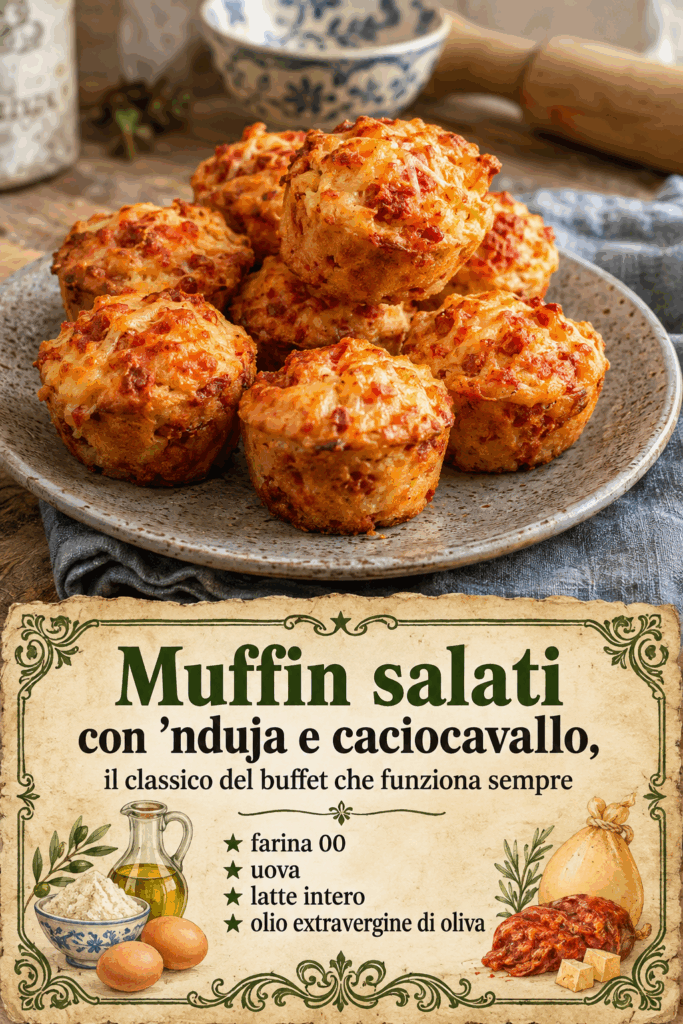 Muffin salati con ‘nduja e caciocavallo, il classico del buffet che funziona sempre