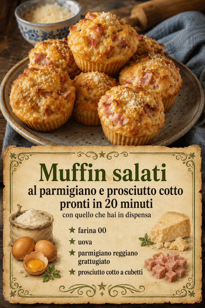 Muffin salati al parmigiano e prosciutto cotto pronti in 20 minuti con quello che hai in dispensa