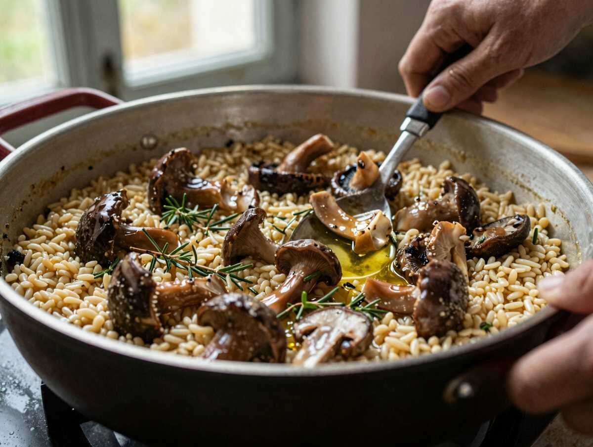 Cuocere il condimento — Farro con Funghi e Castagne