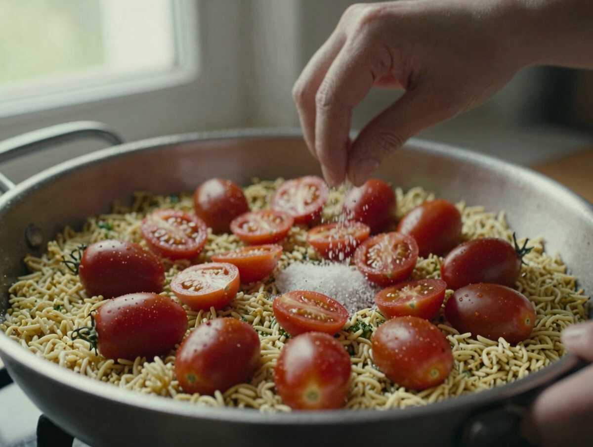 Tagliare i pomodorini — Farro con Pesto Leggero e Pomodorini
