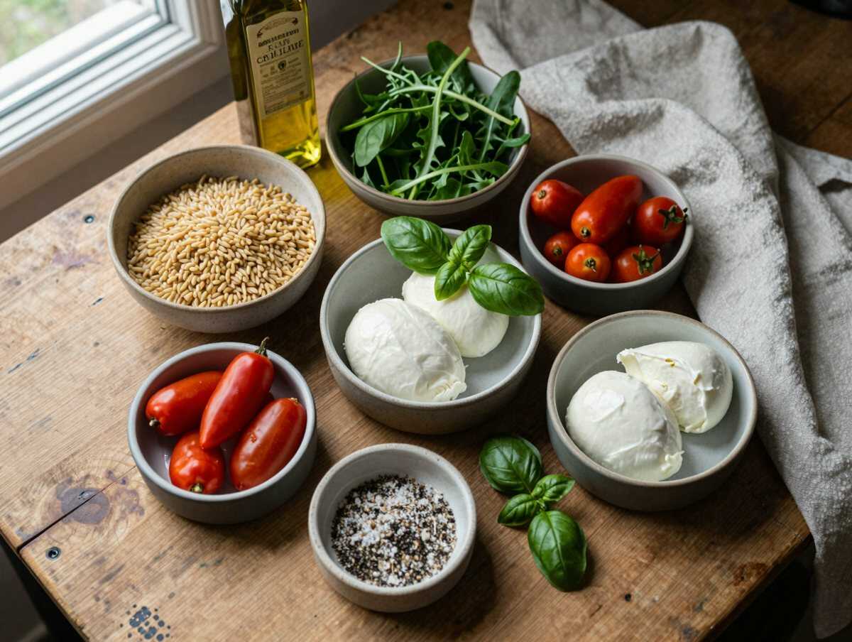 Gli ingredienti per Farro con Pomodorini Rucola e Mozzarella