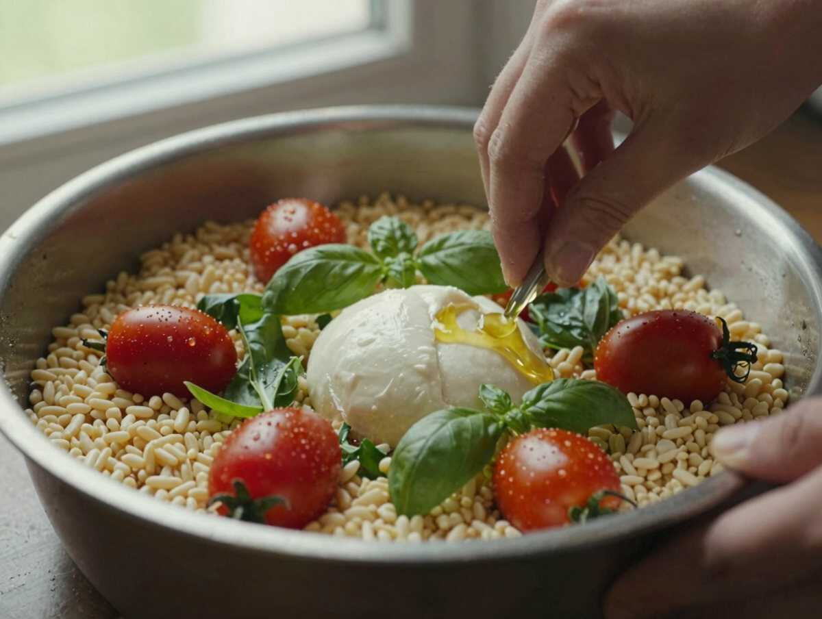 Assemblare l’insalata di farro — Farro con Pomodorini Rucola e Mozzarella