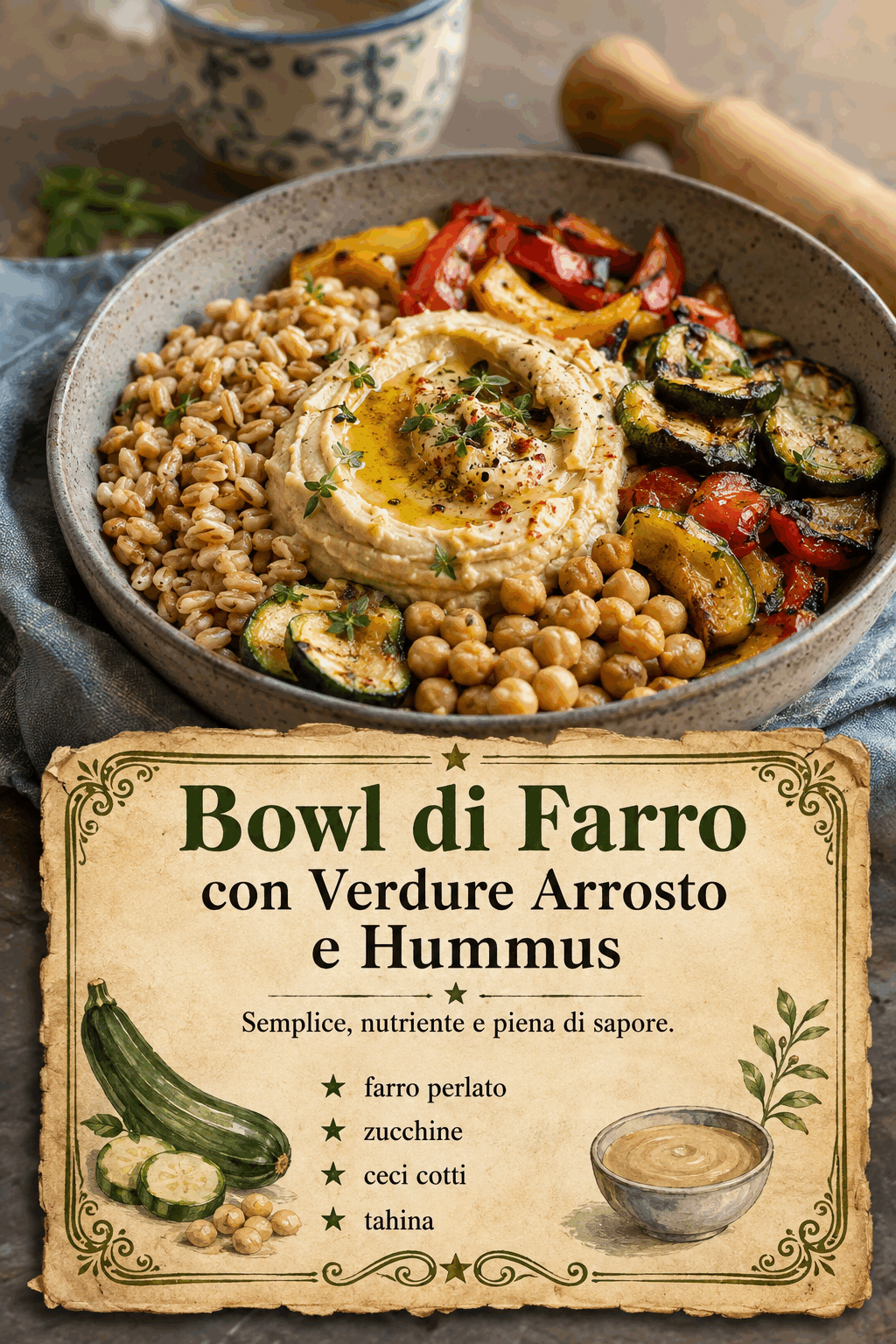 Bowl di Farro con Verdure Arrosto e Hummus