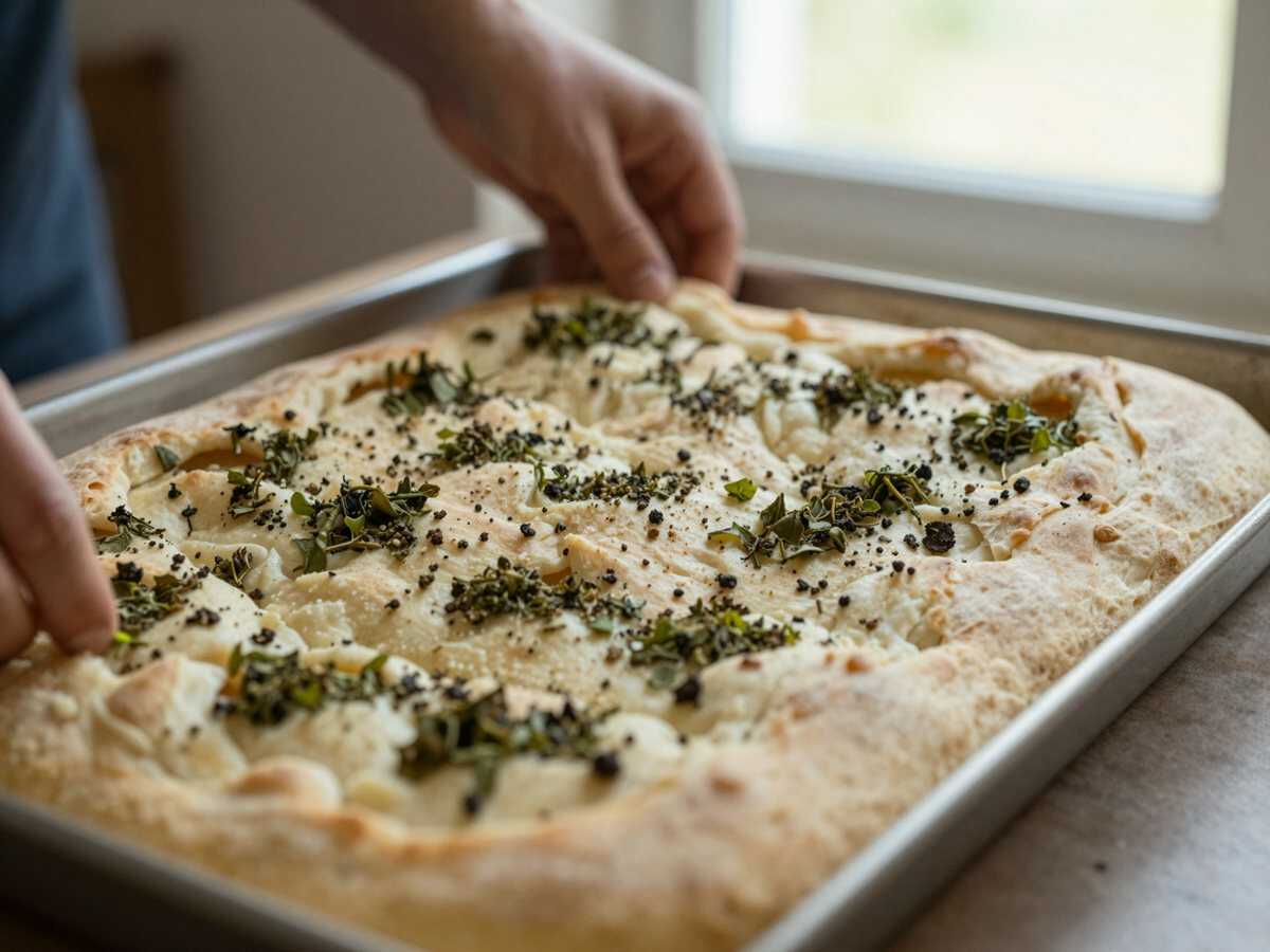 4. Seconda lievitazione — Focaccia alle Erbe Aromatiche: la Ricetta Soffice e Profumata Ideale per Ogni Occasione