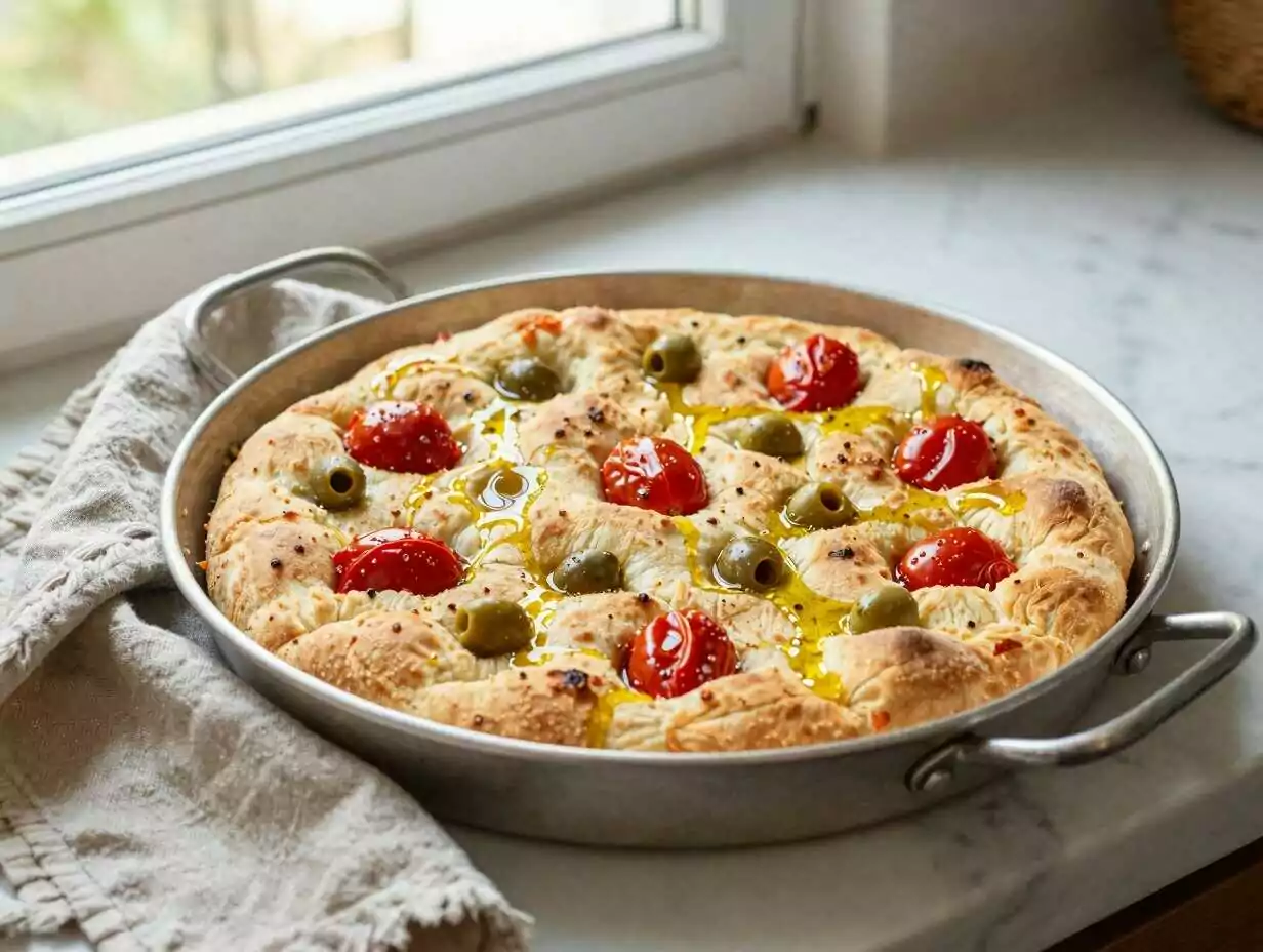 La focaccia barese con i pomodorini schiacciati sulla superficie: il profumo della mia infanzia.