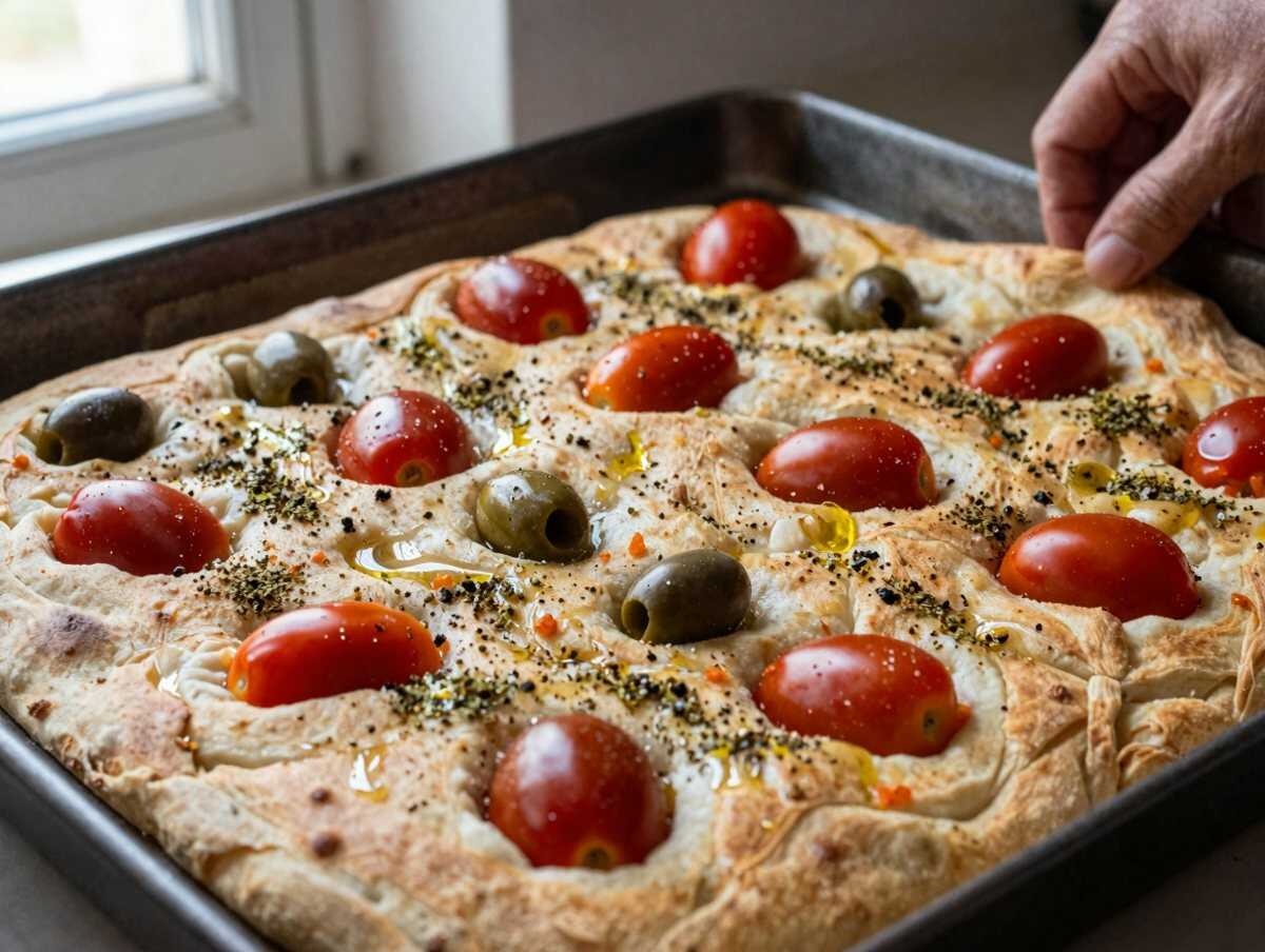 4. Condire — Focaccia barese con pomodorini e olive: la ricetta dei forni di Bari con patata lessa e teglia di ferro