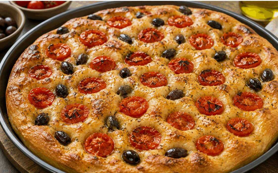 Focaccia barese con pomodorini e olive: la ricetta dei forni di Bari con patata lessa e teglia di ferro
