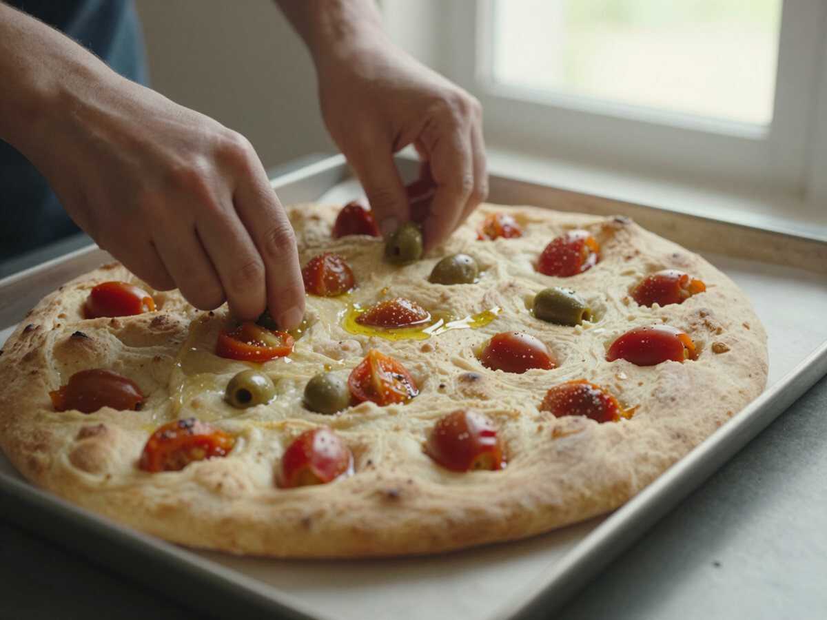 5. Stendere la focaccia — Focaccia Barese con Pomodorini e Olive