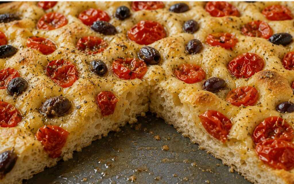 Focaccia barese con pomodorini e olive – Puglia