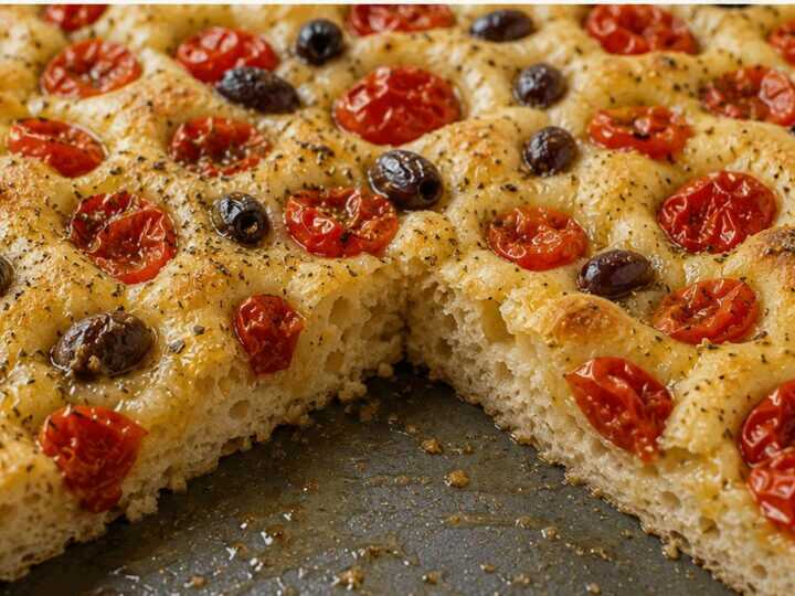 Focaccia barese con pomodorini e olive – Puglia