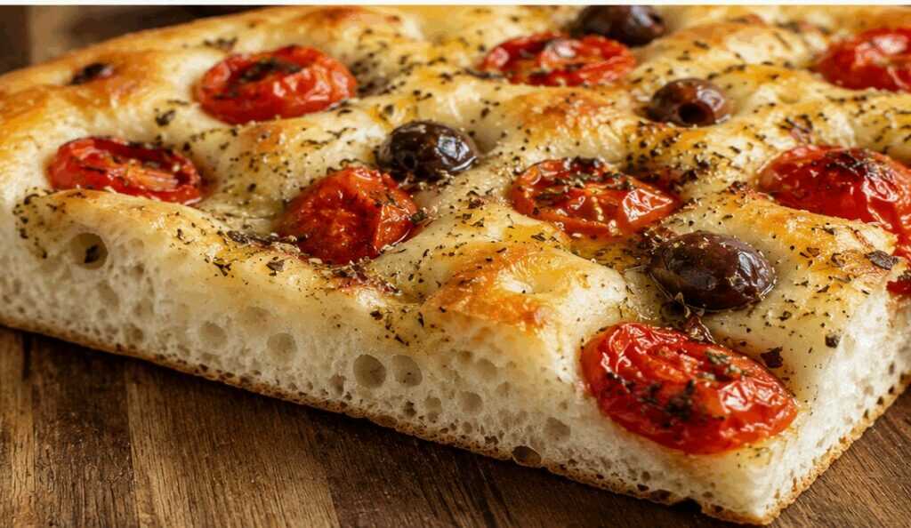 Focaccia barese con pomodorini, olive e origano