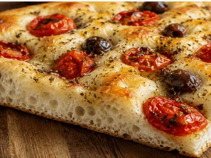 Focaccia barese con pomodorini, olive e origano
