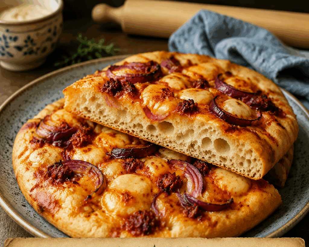 Focaccia calabrese con ‘nduja e cipolla rossa perfetta per il buffet di compleanno