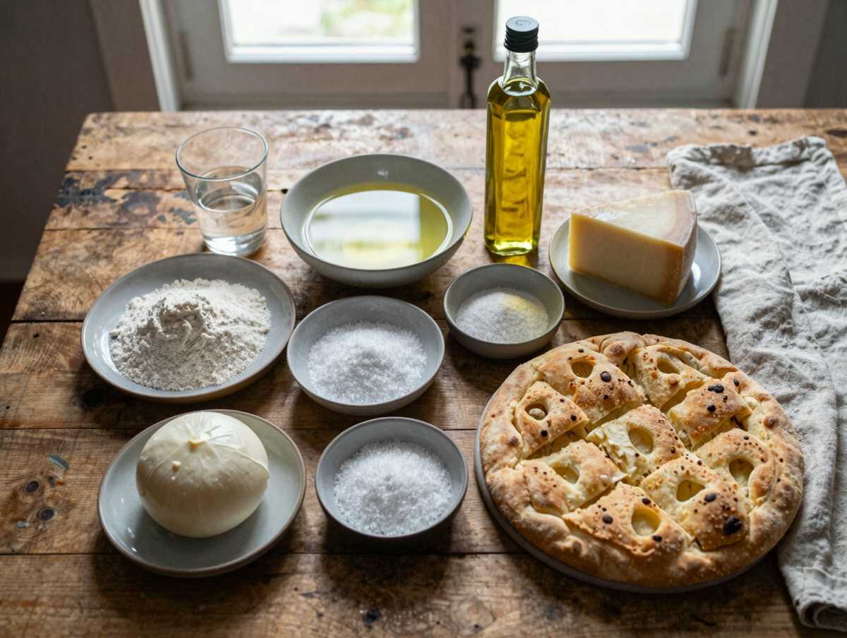 Gli ingredienti per Focaccia di Recco col formaggio a quadretti: dosi e infornate per un aperitivo in casa