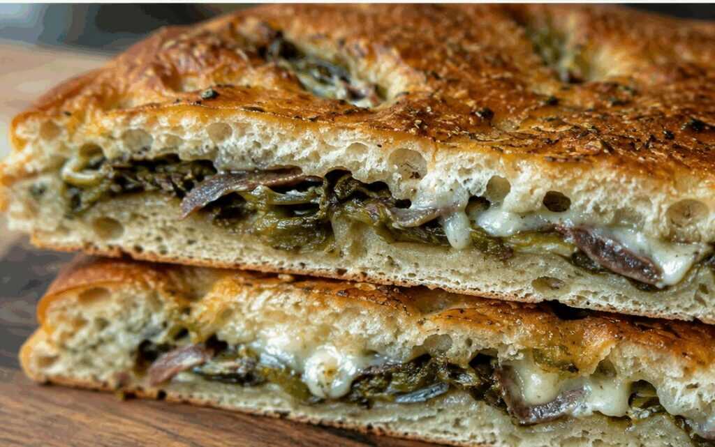 Focaccia messinese con scarola, acciughe e tuma