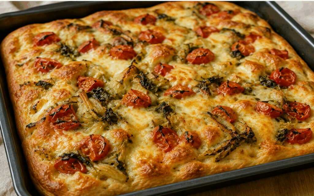 Focaccia messinese con scarola, pomodoro e tuma – Sicilia