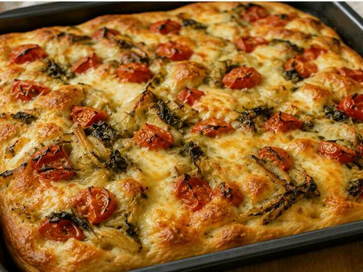 Focaccia messinese con scarola, pomodoro e tuma – Sicilia