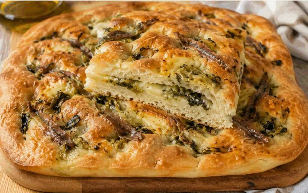 Focaccia Messinese con Scarola, Tuma e Acciughe