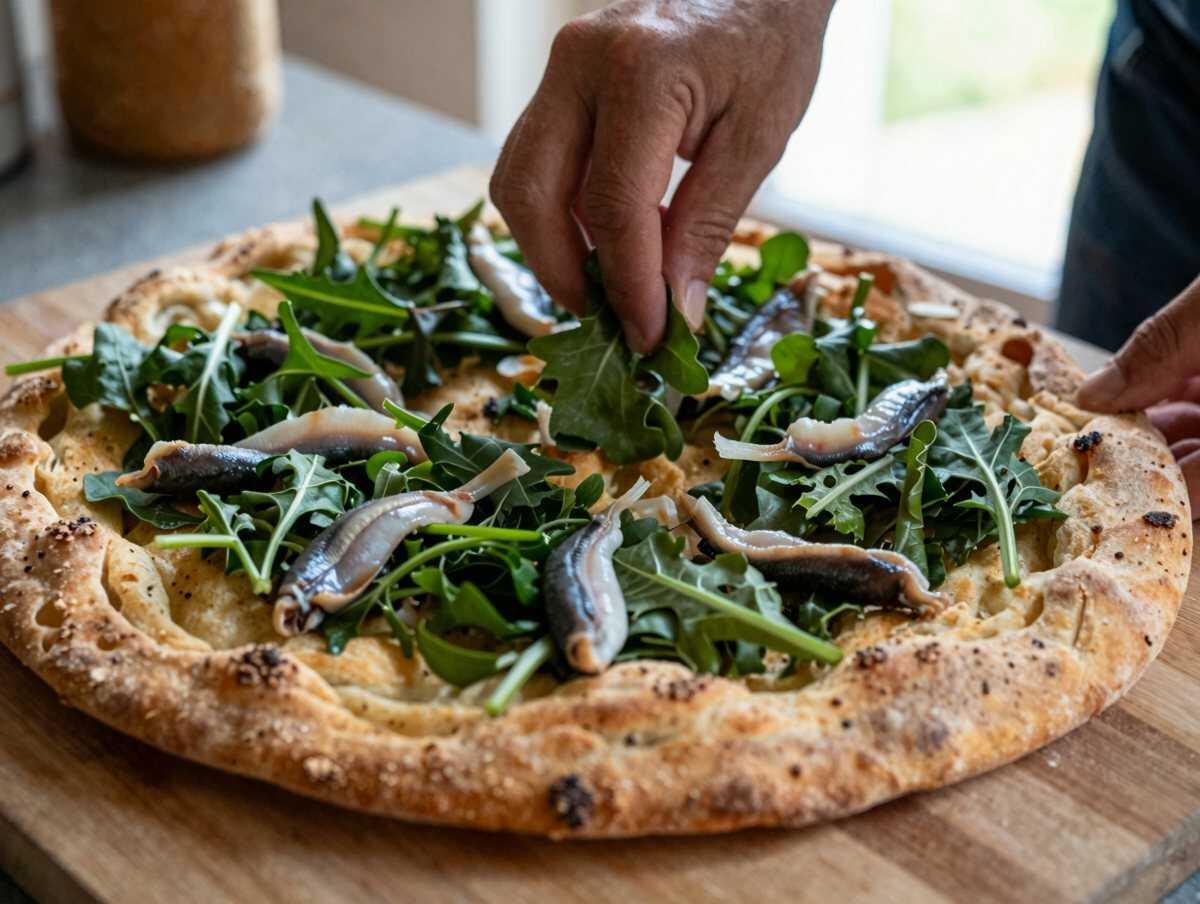 5. Aggiungere il ripieno — Focaccia Messinese con Scarola, Tuma e Acciughe
