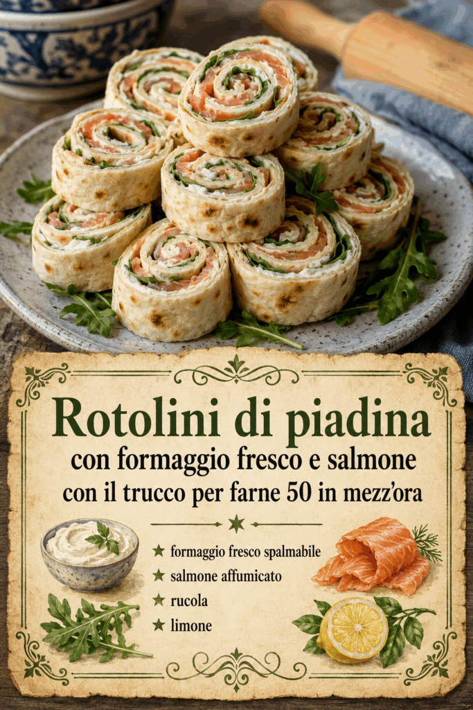 Rotolini di piadina con formaggio fresco e salmone con il trucco per farne 50 in mezz’ora
