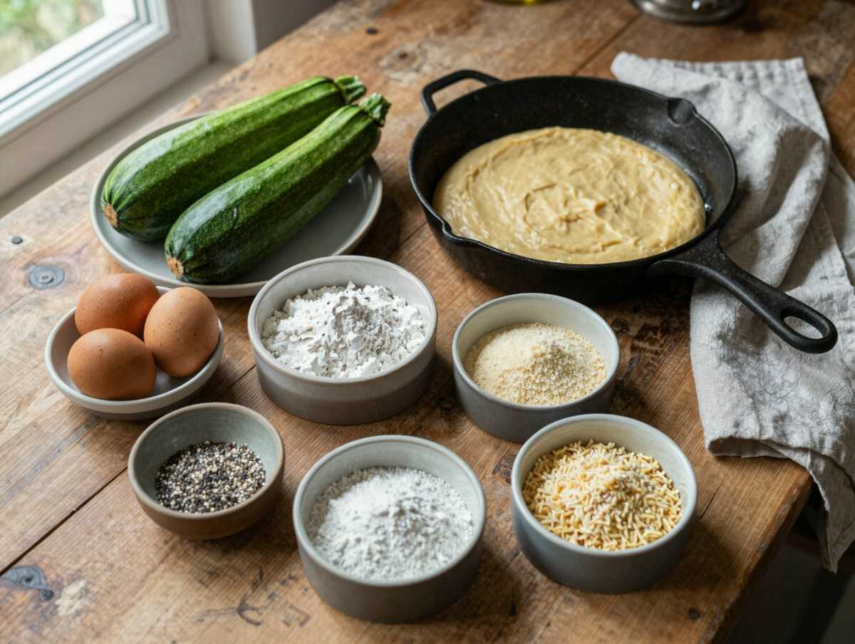 Gli ingredienti per Frittelle di zucchine e parmigiano alla maniera di una volta: mollica, riposo dell’impasto e padella di ferro