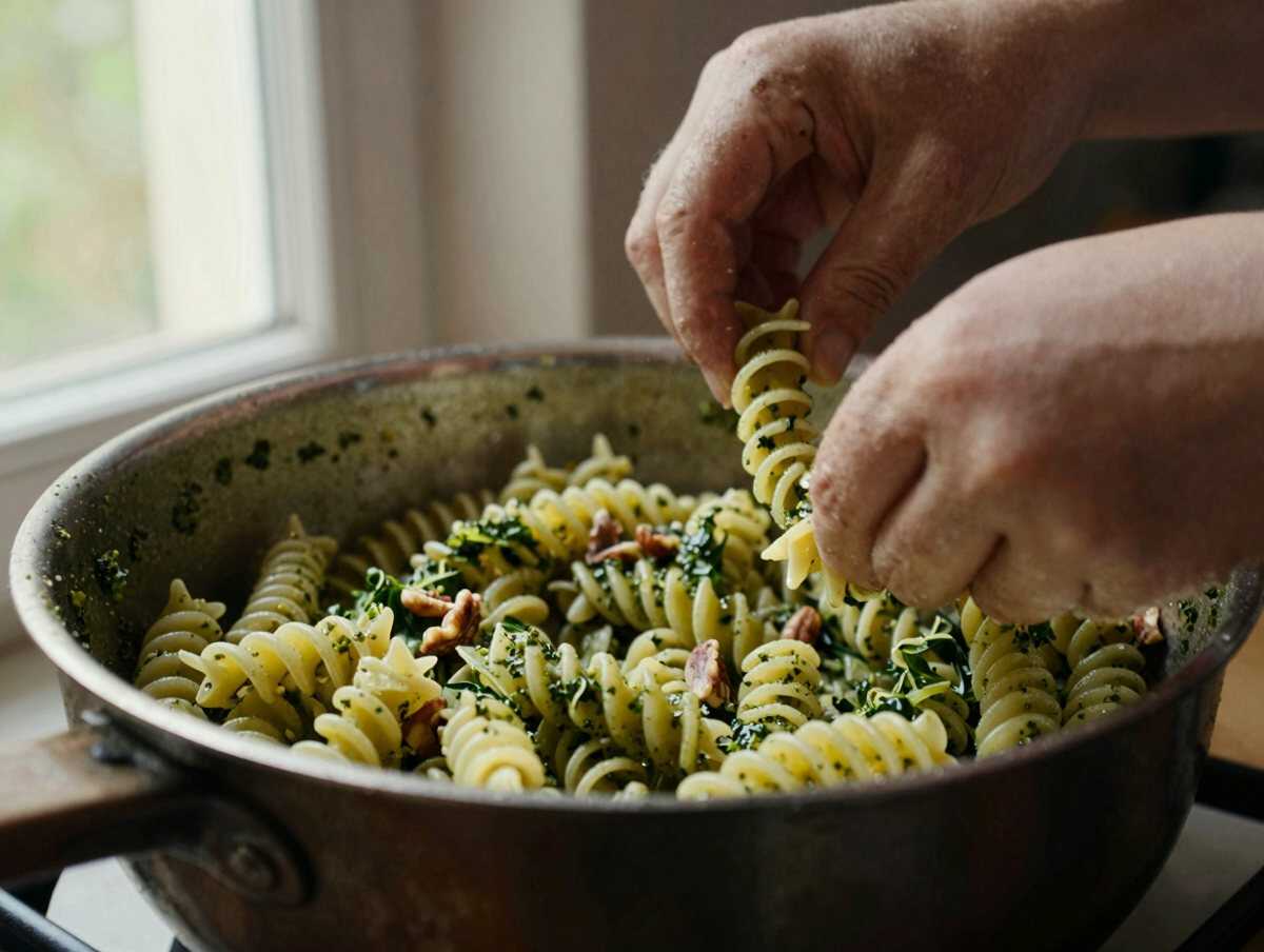 3. Scolare la pasta — Fusilli al Pesto di Rucola e Noci: la Ricetta Cremosa e Profumata Pronta in 15 Minuti