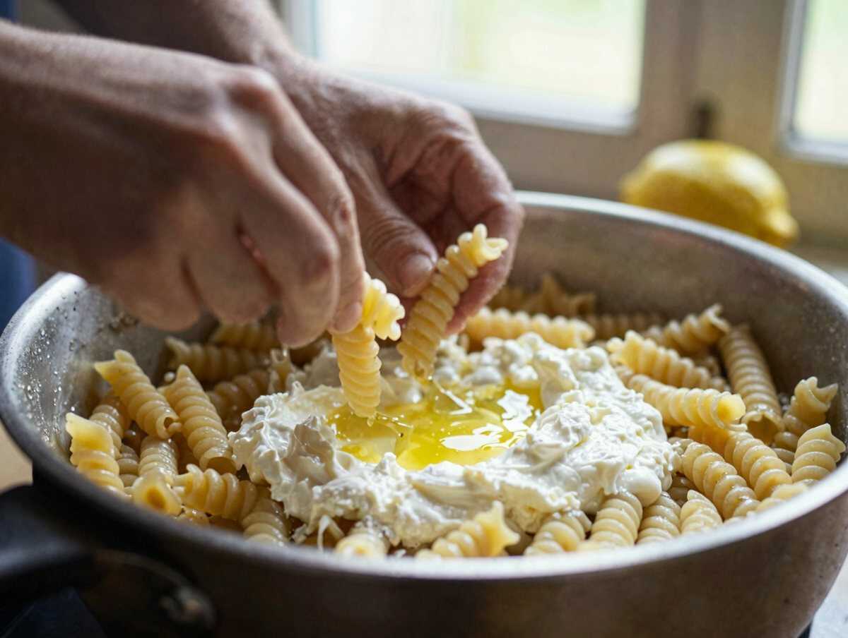 Mantecare i fusilli — Fusilli con Crema di Ricotta e Limone