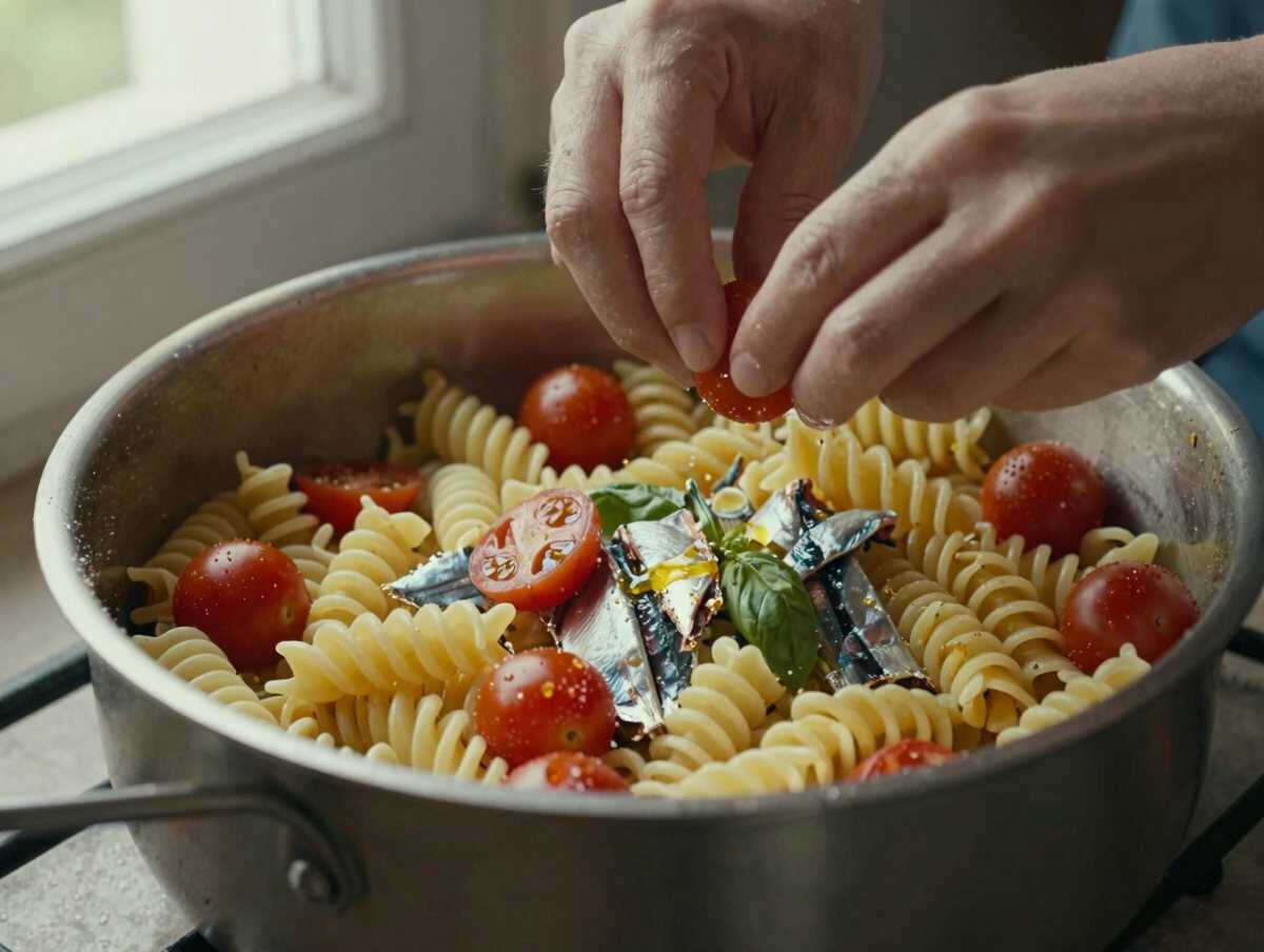 Preparare il condimento — Fusilli Freddi con Mais Tonno e Pomodorini