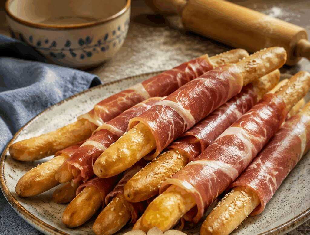 Grissini avvolti nel prosciutto crudo, come in rosticceria ma fatti in casa