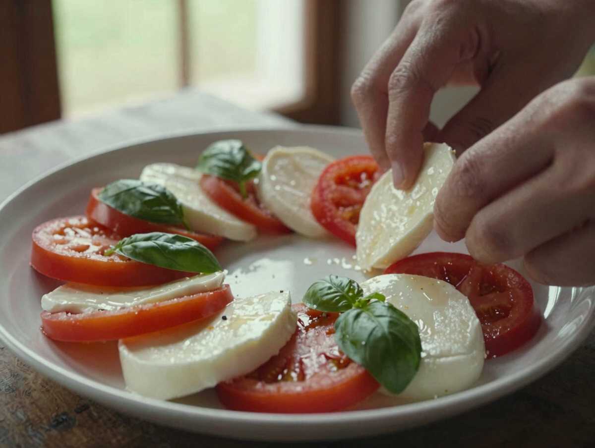 3. Disporre nel piatto — Insalata Caprese Classica: la Ricetta Fresca e Colorata Pronta in Meno di 10 Minuti