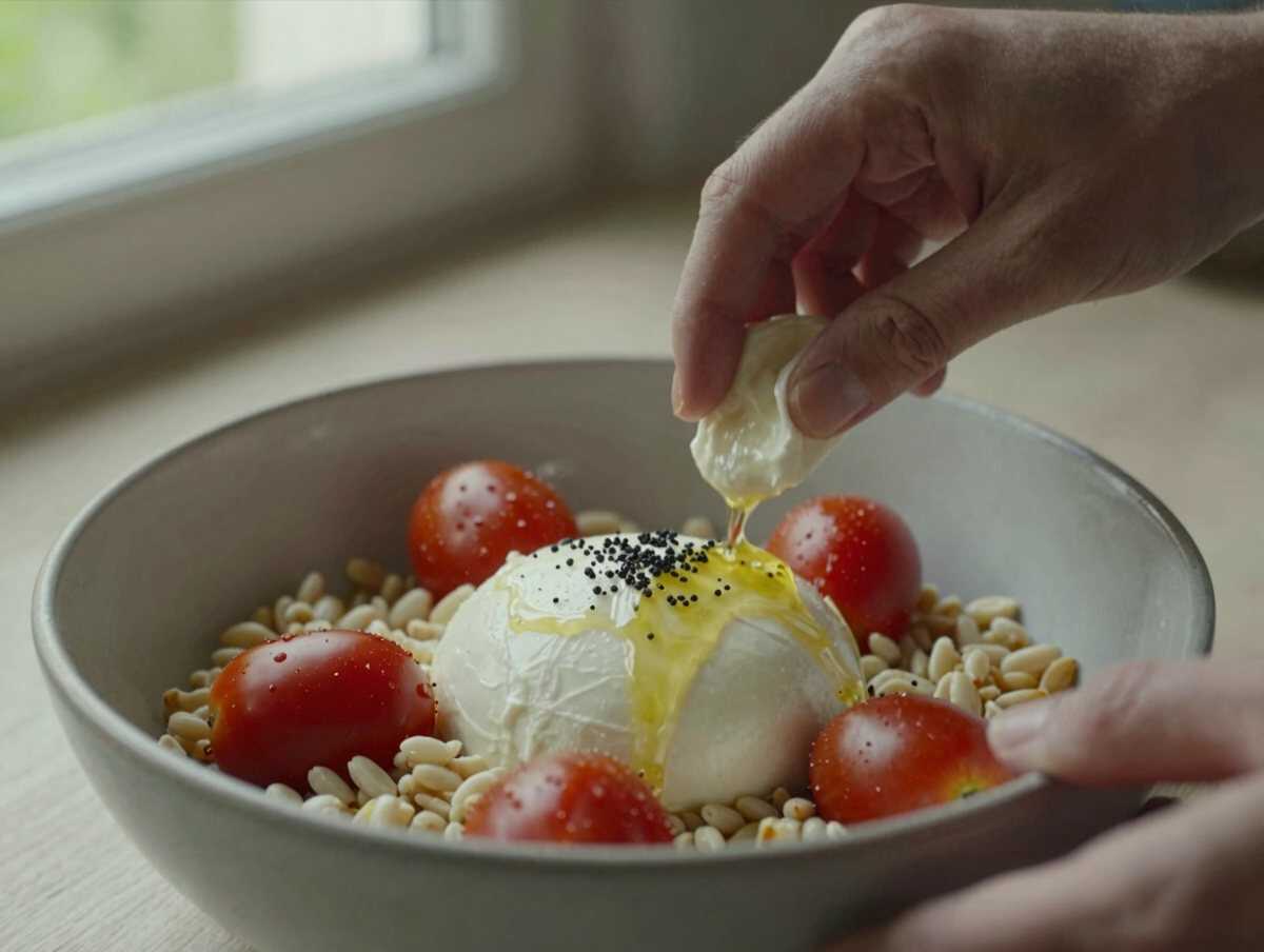 Preparare il condimento — Insalata di Farro con Pomodorini e Mozzarella: la Ricetta Fresca e Completa Pronta in 20 Minuti