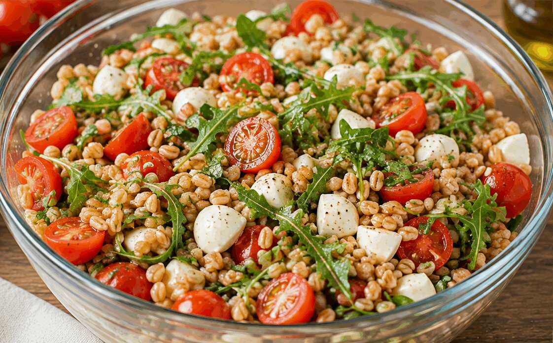Insalata di Farro con Pomodorini e Mozzarella: la Ricetta Fresca e Completa Pronta in 20 Minuti
