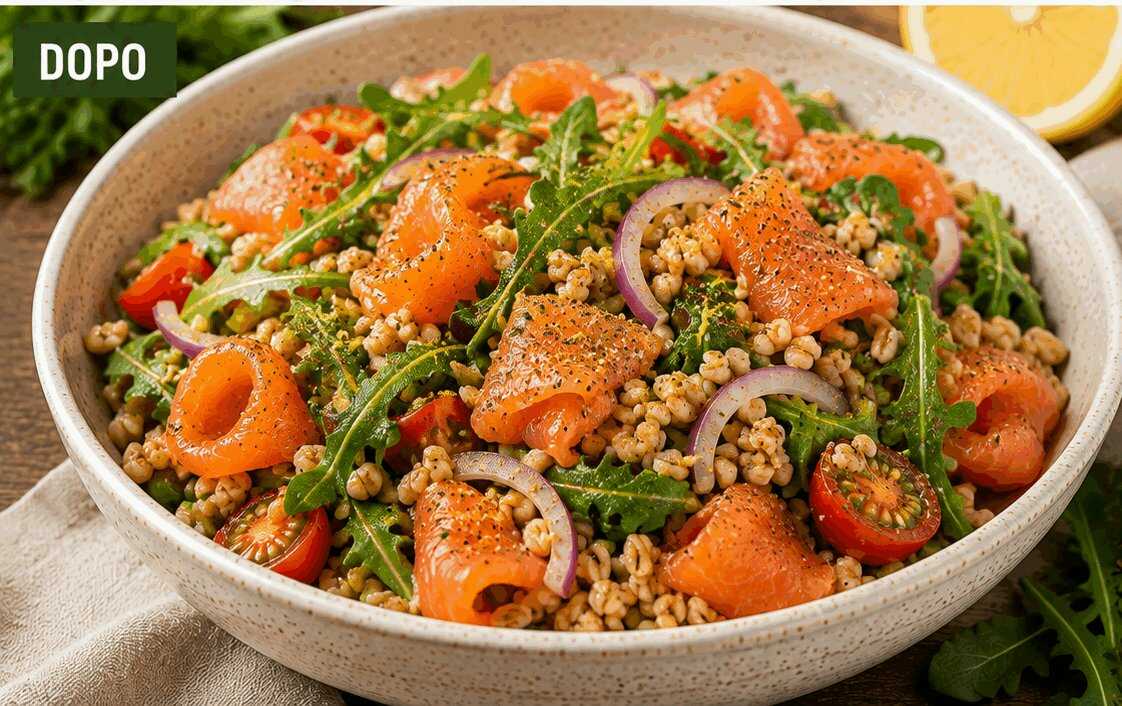 Insalata di Farro con Salmone Affumicato e Rucola: la Ricetta Fresca e Completa Pronta in 20 Minuti