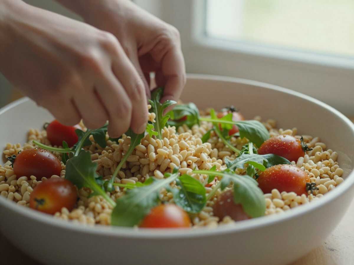 4. Assemblare l'insalata — Insalata di Farro con Salmone Affumicato e Rucola: la Ricetta Fresca e Completa Pronta in 20 Minuti