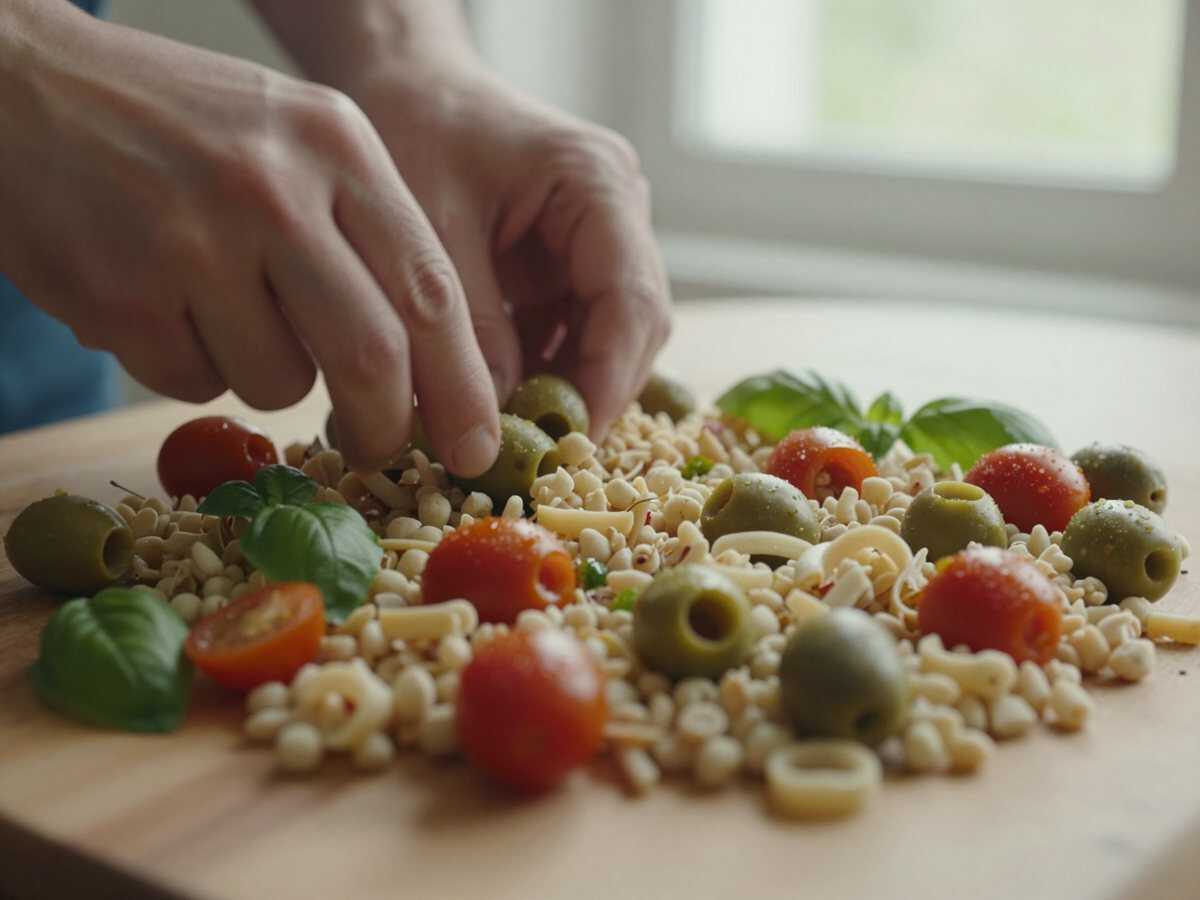 4. Preparare olive e basilico — Insalata di Grano con Pomodorini, Olive e Basilico